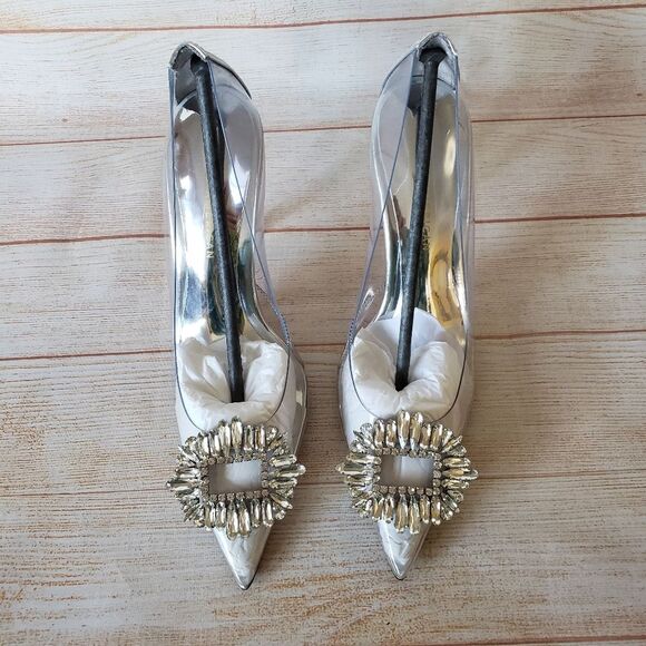 Good American Cinderella Crystal Jeweled Point Toe Clear Translucent Pumps - Picture 11 of 15